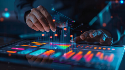 Obraz premium bussines man pointing market data high tech style hologram graphic graph and statistic market data analysis and reporting