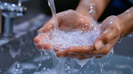 Fototapeta premium hands washing under running water with soap bubbles, emphasizing hygiene and disease prevention