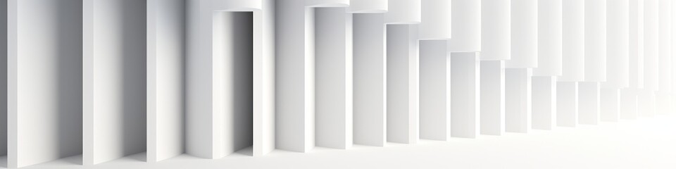 A white wall featuring a row of vertical bars creating a minimalist backdrop, banner