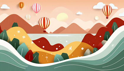 Colorful background illustration of mountains and hot air balloons
