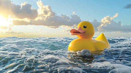 whimsical aigenerated scene of a giant rubber duck floating on a surreal sea digital art