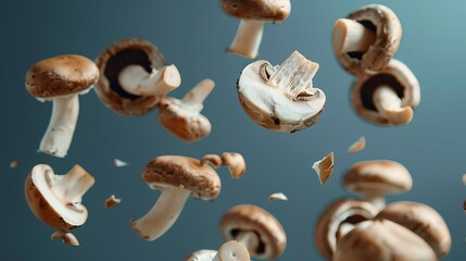 whimsical flying mushrooms sliced champignons floating in the air creative food photography