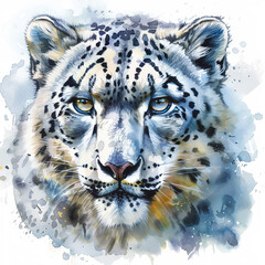 Obraz premium Vibrant watercolor illustration of a snow leopard, capturing the intense gaze and detailed fur pattern.