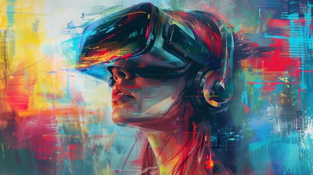 woman immersed in virtual reality gaming digital painting