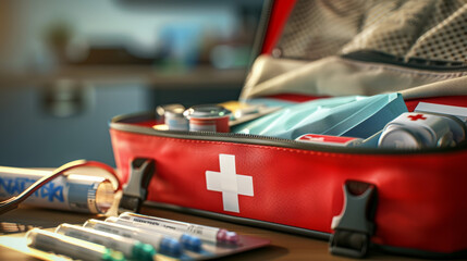 Naklejka premium Close-up of an open first aid kit with various medical supplies visible