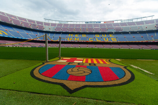 BARCELONA, SPAIN - MAY 23, 2021: Empty Nou Camp soccer or football stadium in Barcelona city, Spain