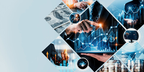 Futuristic business digital financial data technology concept for future big data analytic and business intelligence research for businessman analyst invest decisions making panoramic banner kudos