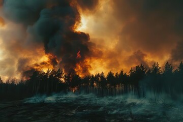 dramatic scene of massive wildfire blazing in distance thick smoke billowing into sky disaster stock photo
