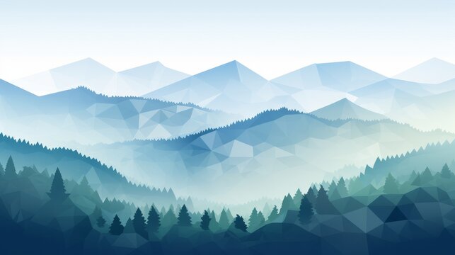 Low poly style imitation representation of mountains and trees against a blue geometric background