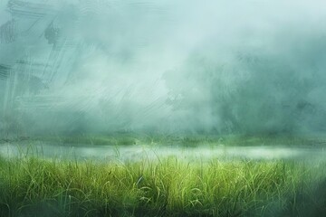 ethereal misty morning fog enveloping tranquil grass field natures mystical veil digital painting