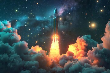 futuristic space rocket launch blast and smoke in starry night sky 3d illustration