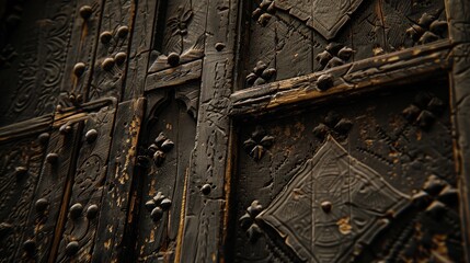 The door is old and has a lot of designs on it