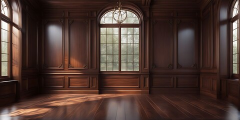  empty room with dark wood paneling and window, Luxury wood paneling background or texture. highly crafted classic or traditional wood paneling, with a frame pattern 