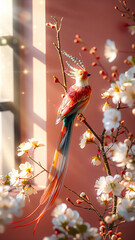 A bird with a long tail is perched on a branch of a cherry blossom tree