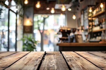 blurred coffee shop interior with wooden table in foreground bokeh background with copy space