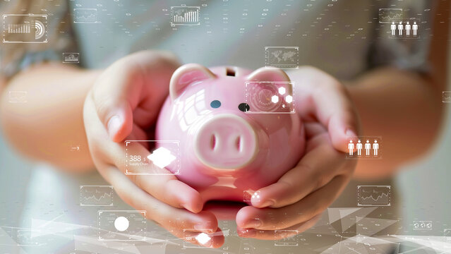 Educational concept of a piggy bank integrated with digital analytics, teaching children about money management in a technological age