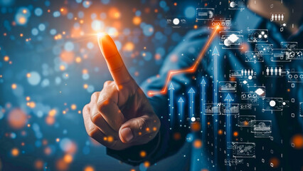 Conceptual technology in finance, hand interacting with digital elements representing financial growth and data analysis