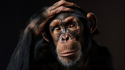 chimpanzee with a hand on its head against a black background 