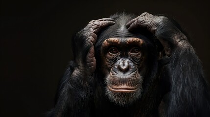 chimpanzee with a hand on its head against a black background 