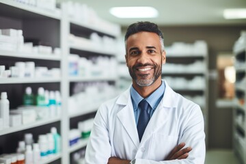 Fototapeta premium Local Pharmacist Ready to Assist: A Welcoming Portrait Outside the Community Drugstore