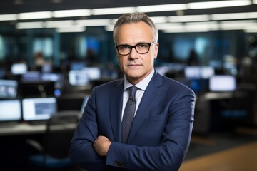 Fototapeta premium An Experienced Reporter Poised for the Next Big Story in the Dynamic Backdrop of a Live Newsroom