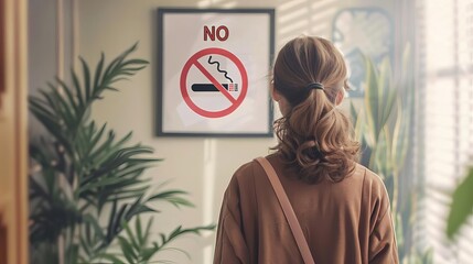 Illustrate a young adult posting a No Smoking sign in their home, taking a stand against tobacco use - obrazy, fototapety, plakaty
