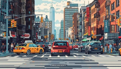Illustrate an autonomous vehicle using machine learning to navigate through a busy urban environment - obrazy, fototapety, plakaty
