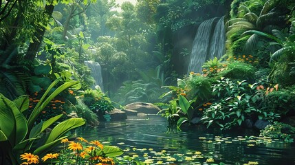 Illustrate a vibrant scene within the rainforest showing a variety of animals and plants coexisting, symbolizing ecosystem harmony - obrazy, fototapety, plakaty