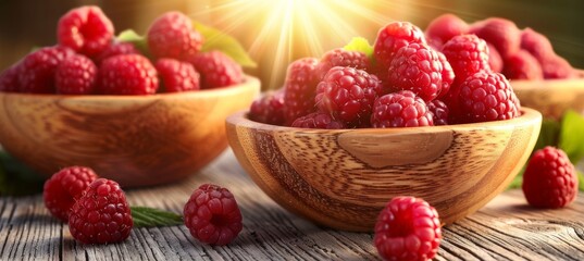 Fresh raspberries in wooden bowls on sunlit kitchen counter for healthy snack promotion