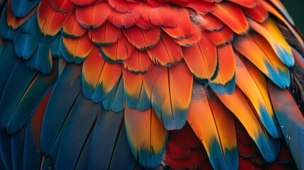 Obraz premium Imagine a closeup of a scarlet macaws vivid feathers, highlighting the intricate patterns and colors inside an aviary