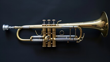 trumpet music instrument, worn texture and patina of the brass instrument on a plain backdrop