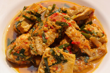 Close Up of Ayam Rica Rica. Traditional dish from Manado, Indonesia, boiled chicken with the addition of tofu and using spicy spices and garnish served on a white plate