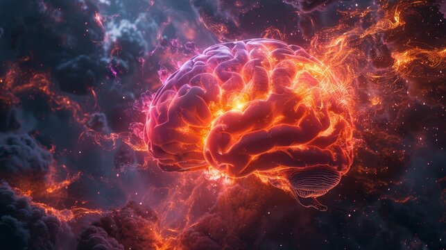mind power, illustration of a radiant brain encircled by dynamic energy fields, representing the achievement of mental prowess and uncovering inner capabilities