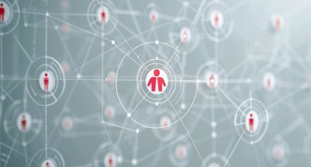 Network of business people connected by lines with one person highlighted and shown as the target, symbolizing success in customer trust through marketing focus.