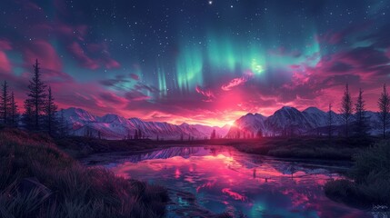 northern lights display, a serene arctic summer night, the captivating aurora borealis casting emerald and violet hues across the sky