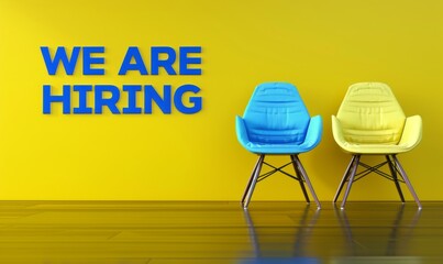Vibrant yellow background with the word "WE ARE HIRING" in bold white letters blue white shadow, showcasing two modern chairs of different colors.