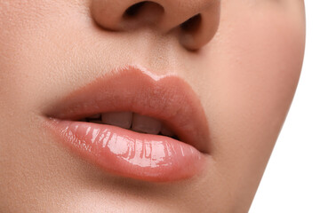 Woman wearing beautiful lip gloss on white background, closeup
