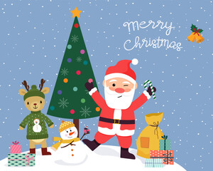 Card with Santa Claus, snowman and cute deer. A bag with presents. Holiday card template. Christmas and New Year. Vector. Cartoon characters.