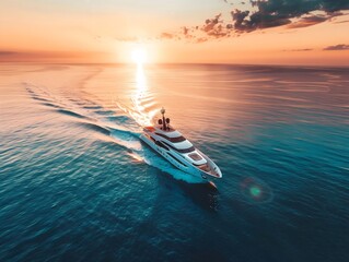 View from above of a yacht is cruising on the open water at sunset. 