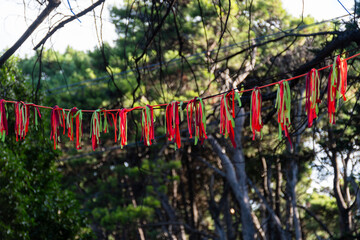 Colorful banners hung among the trees.