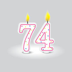 Birthday candle numbers. Seventy four celebration. Bright polka dots. Vector flame glow.