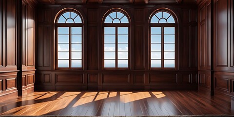  empty room with dark wood paneling and window, Luxury wood paneling background or texture. highly crafted classic or traditional wood paneling, with a frame pattern 