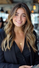 Fototapeta premium Friendly female realtor with tablet visits property for sale or rent, exuding warmth