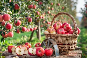 Scenic apple orchard, fruit laden trees, vibrant assortment of crisp apples in charming basket