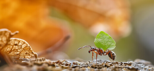A macro shot of an ant carrying a green leaf, set against a natural background in warm colors.