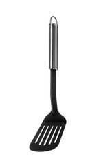 One black spatula with metal handle isolated on white