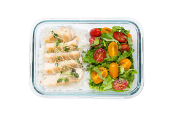Healthy meal. Chicken breast, rice and salad in container isolated on white, top view