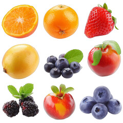 A collection of fruits including apples, oranges, strawberries, and blueberries