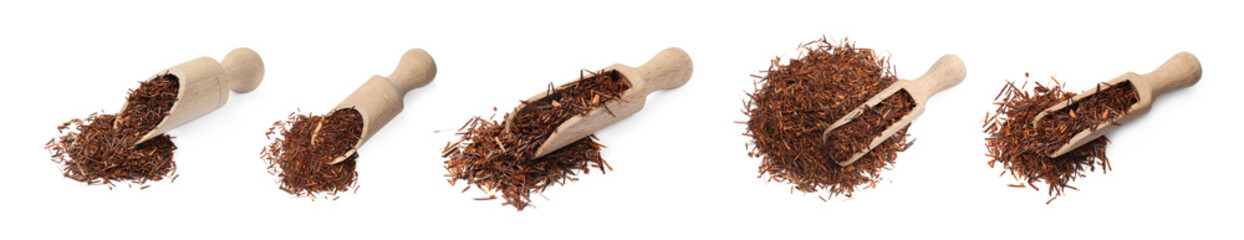 Scoops with rooibos tea isolated on white, set