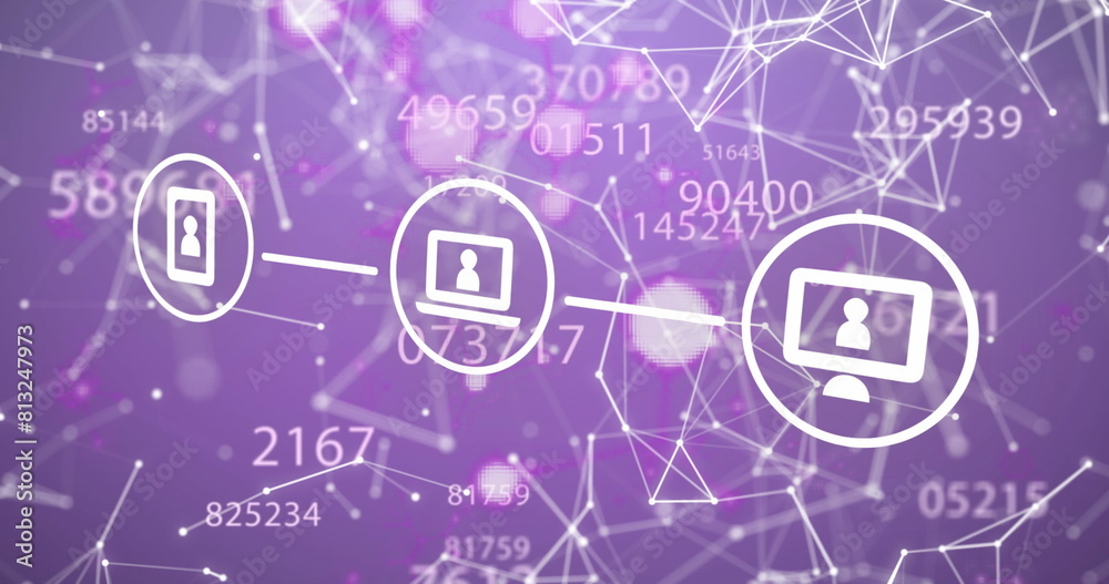 Poster Image of flowchart of icons over connected dots and changing numbers against purple background